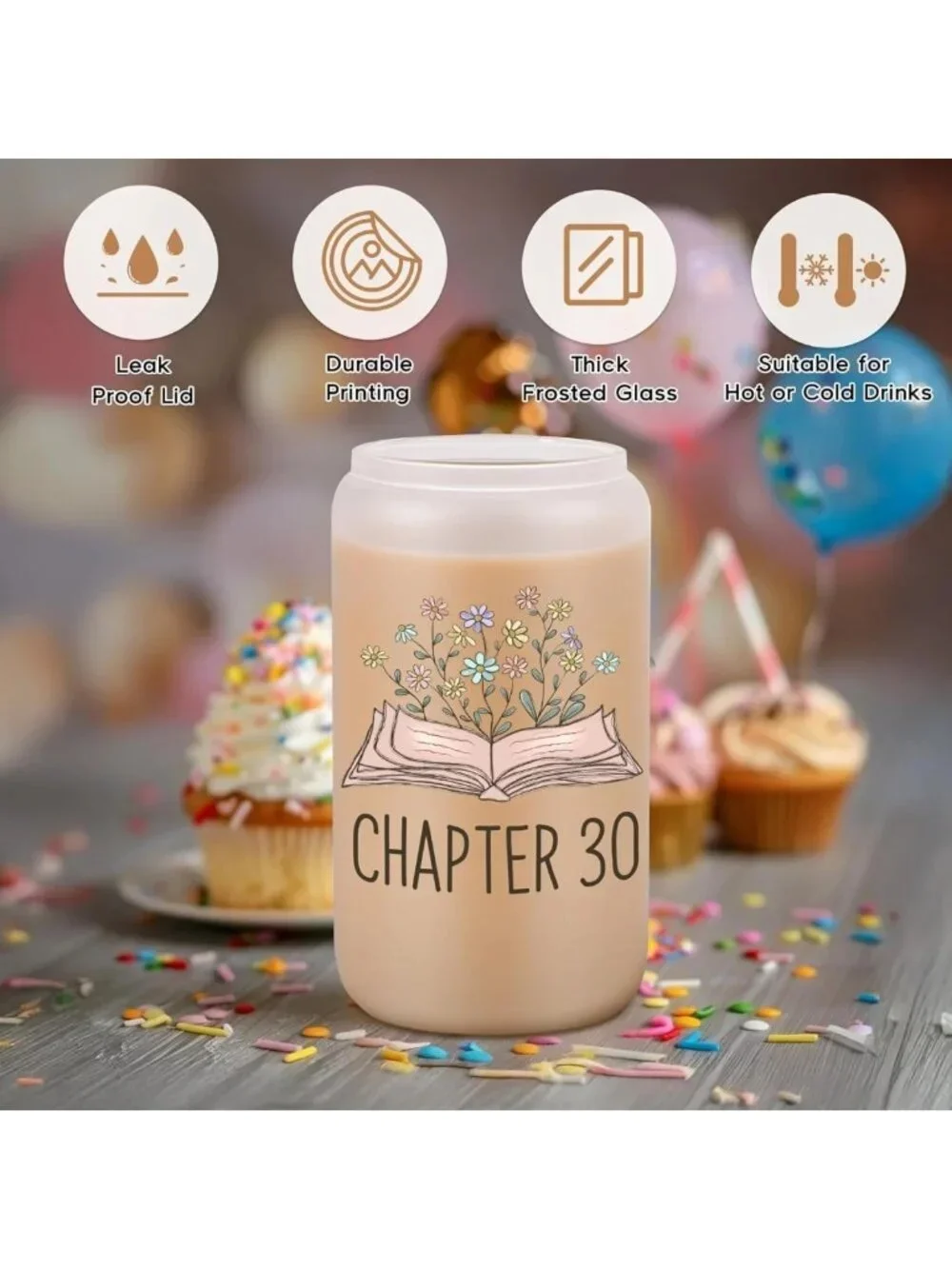 30th Birthday Glass Cup - Cute Gift for Her, Turning 30, 16 oz Coffee Tumbler